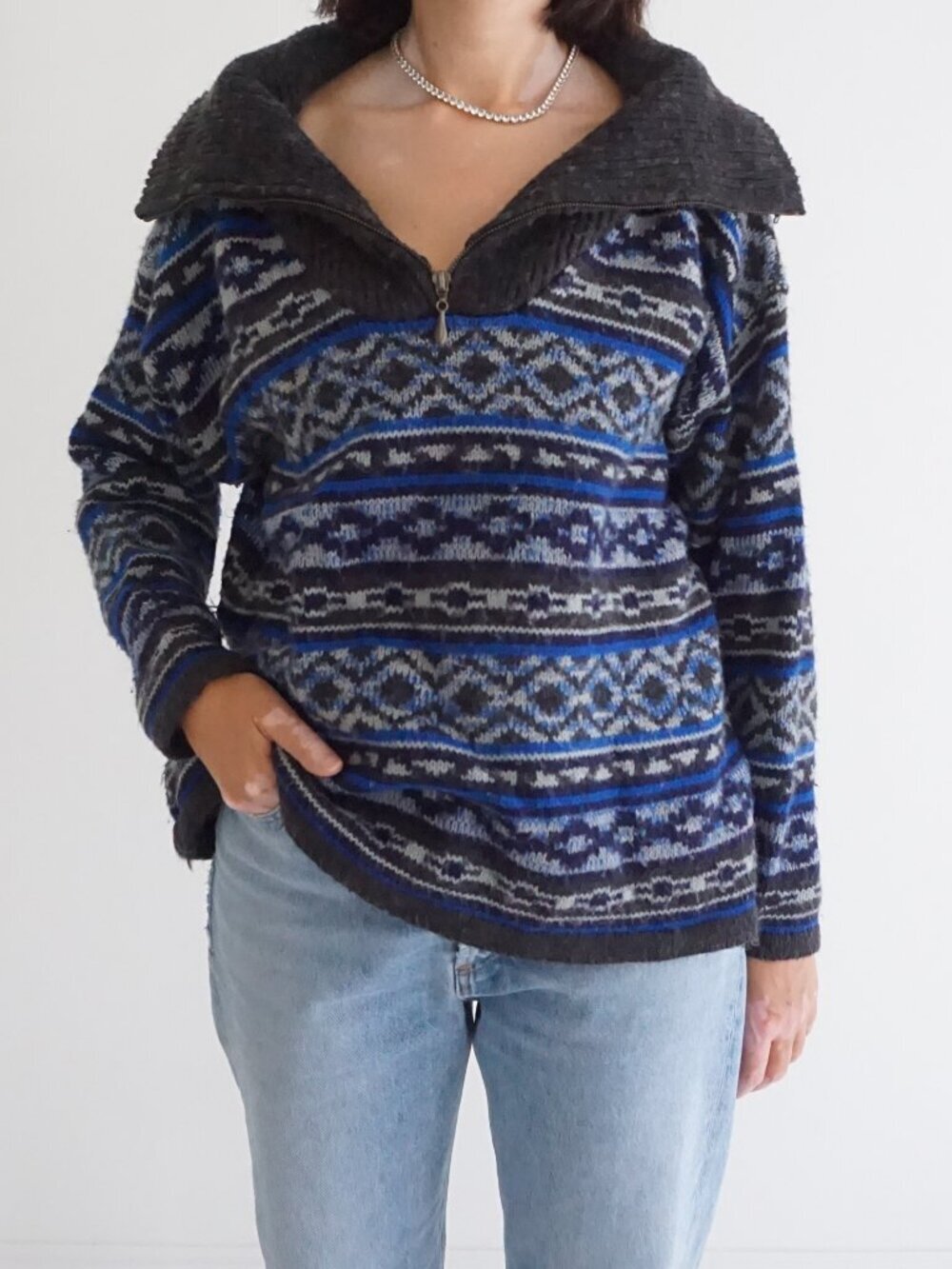 Vintage Icefire Grey Blue Nordic Fair Isle Geometric 15% Wool Half Zip Sweater S